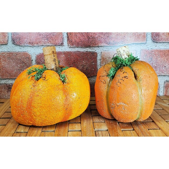 Set of (2) Hypertufa Hand Painted Pumpkins, Handmade Cement Pumpkins - Picture 2 of 8